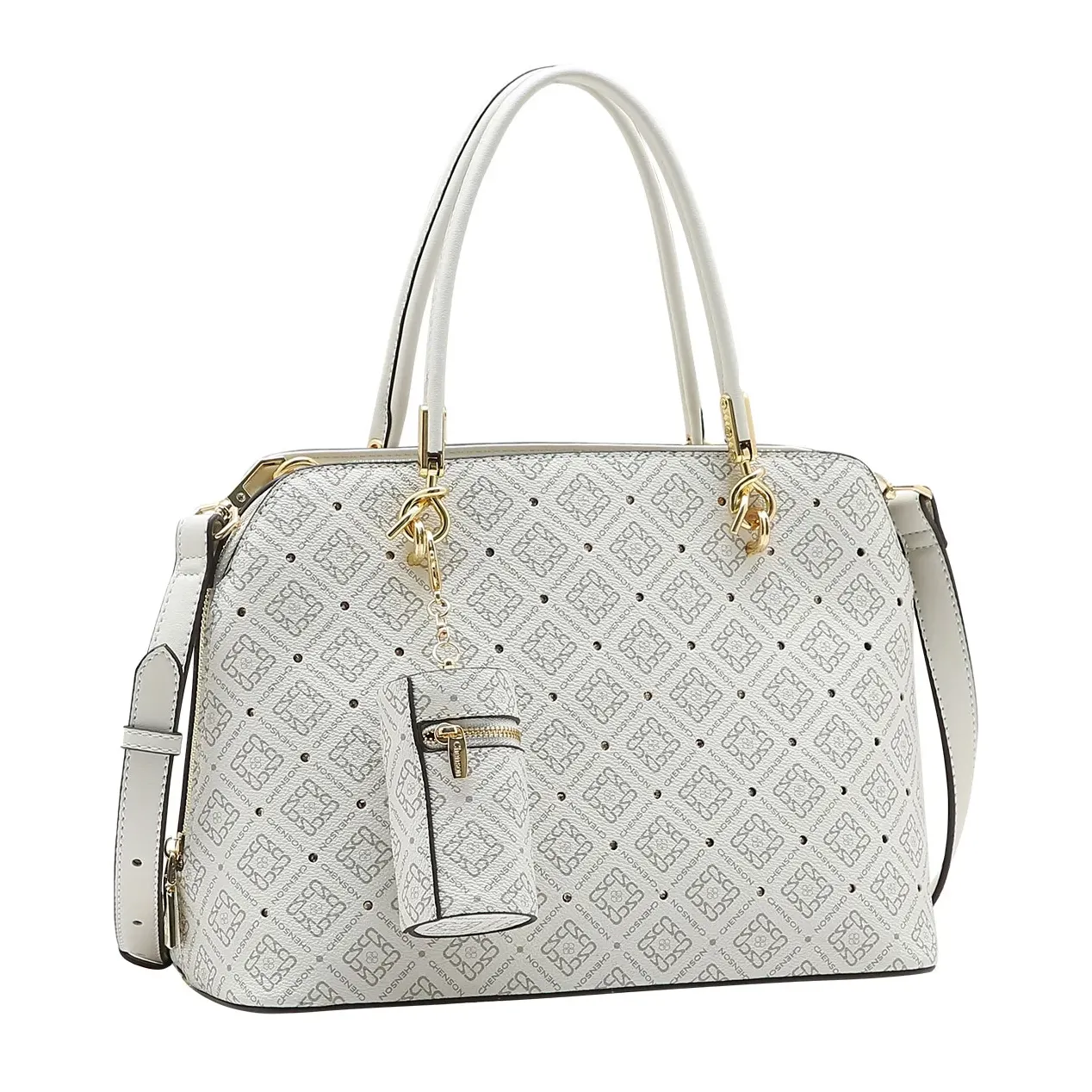 Bolsa feminina Chenson off white com estampa monograma, modelo estruturado com alças duplas e detalhes em metal dourado